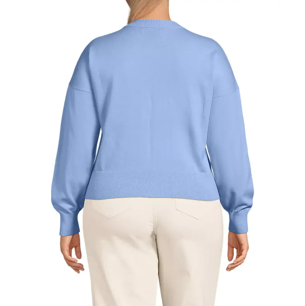 Women's Cropped Placed Jacquard Fine Gauge Crew Neck Cardigan Sweater