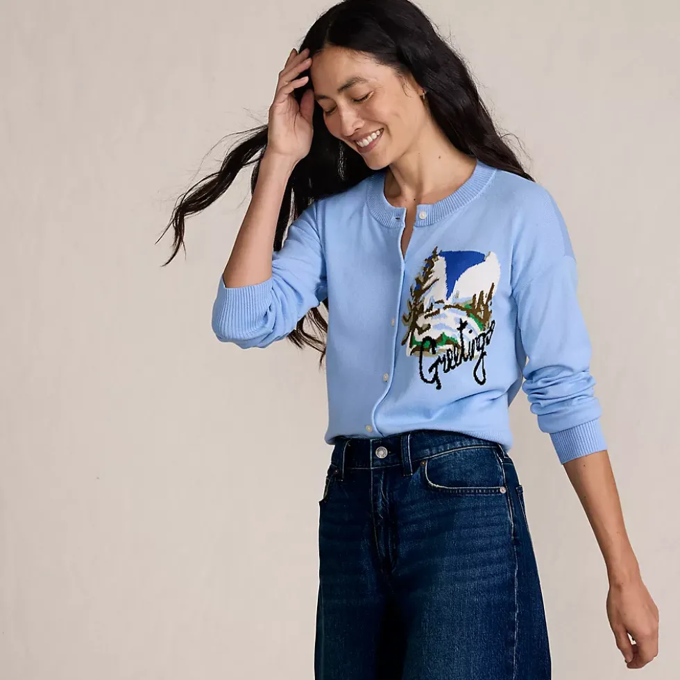 Women's Cropped Placed Jacquard Fine Gauge Crew Neck Cardigan Sweater