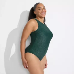 Women's D-Cup Tugless Shine High Neck Portrait Back One Piece Swimsuit