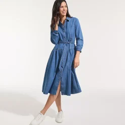 Women's Denim Button Front Midi Shirt Dress