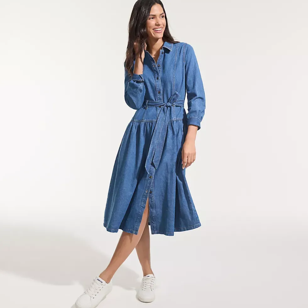 Women's Denim Button Front Midi Shirt Dress