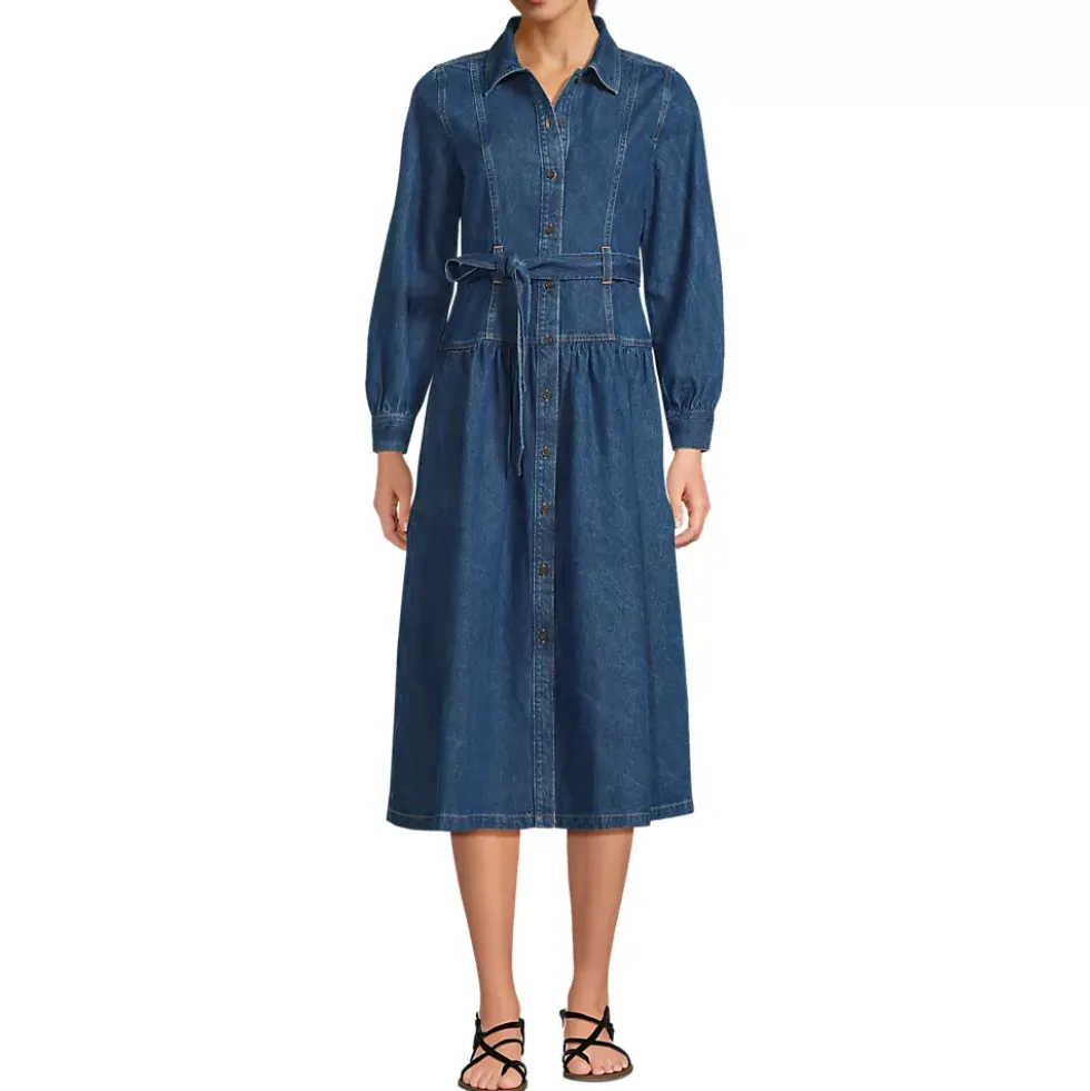 Women's Denim Button Front Midi Shirt Dress