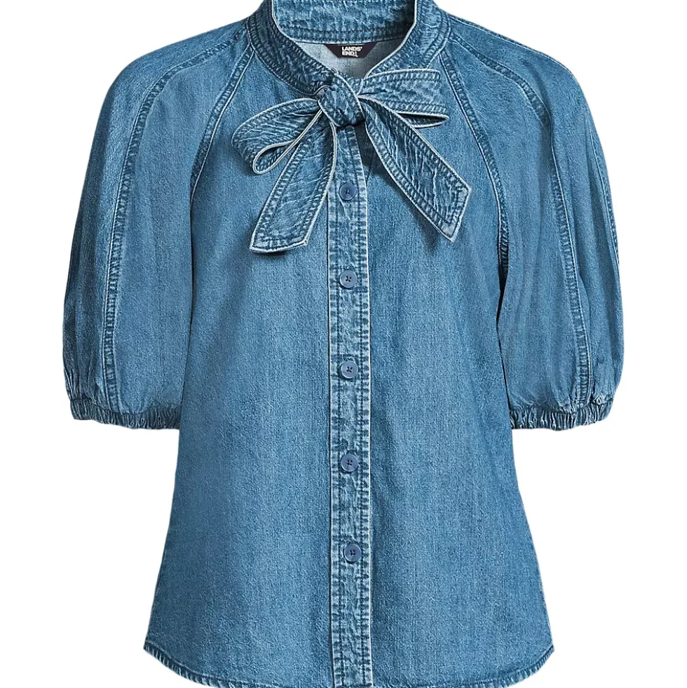 Women's Denim Puff Sleeve Tie Front Top