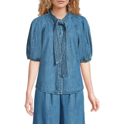 Women's Denim Puff Sleeve Tie Front Top