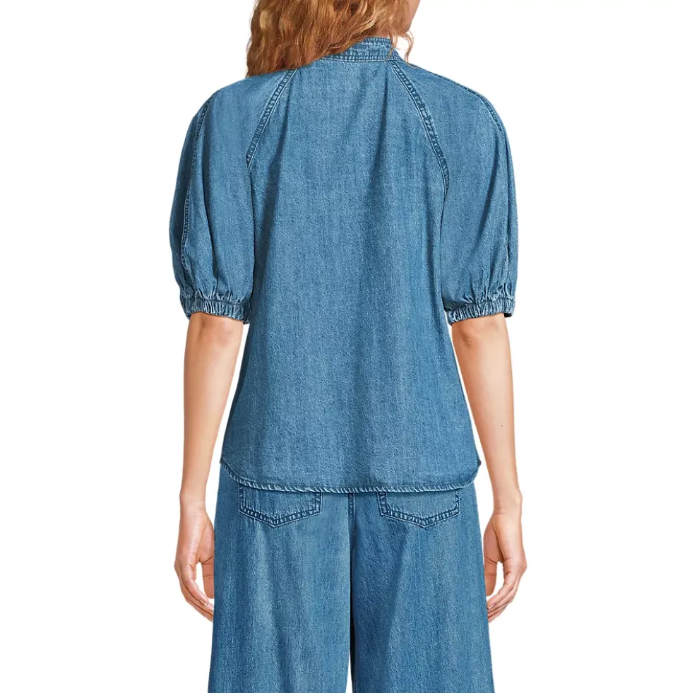 Women's Denim Puff Sleeve Tie Front Top