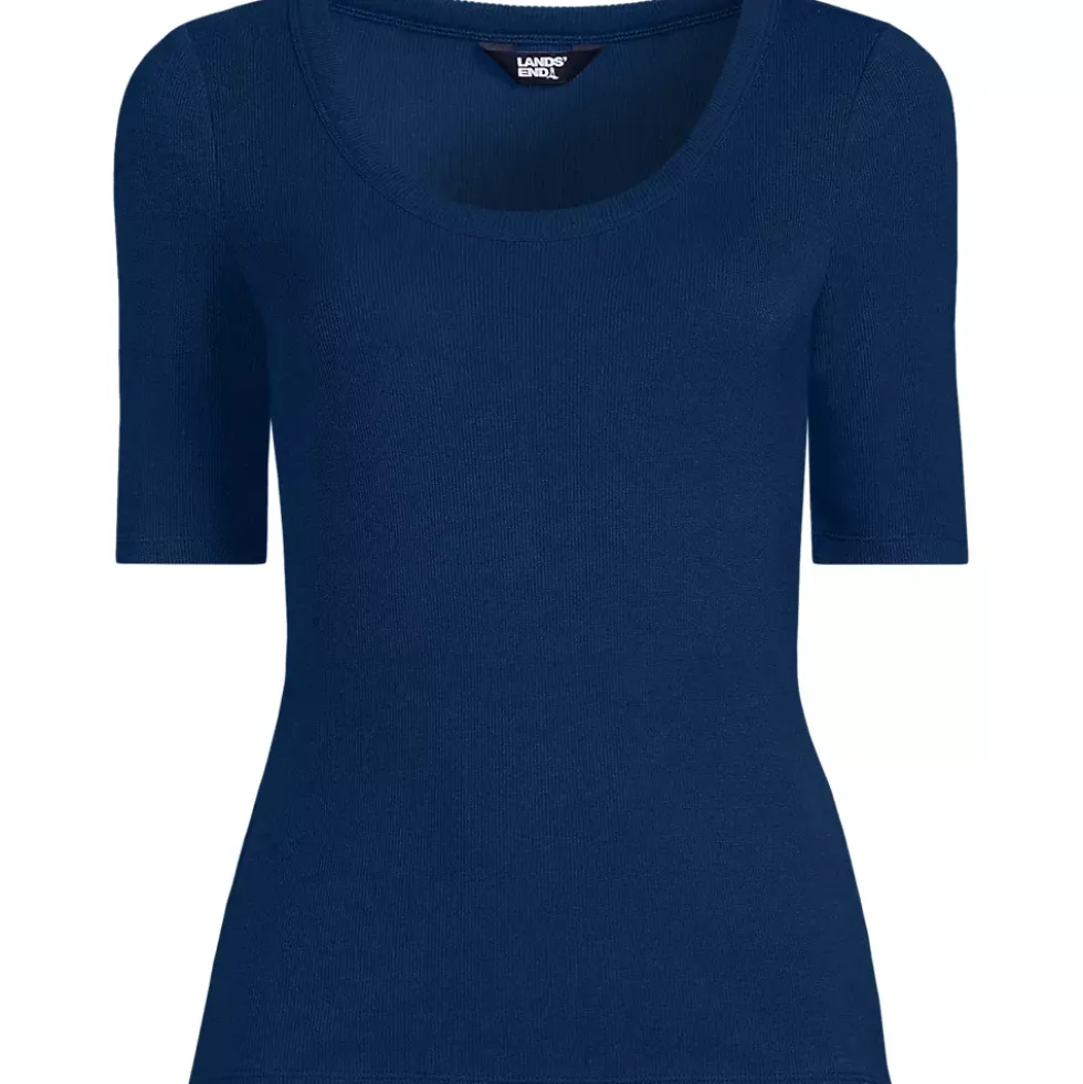 Women's Drapey Rib Fitted Elbow Sleeve Scoop Neck Tee
