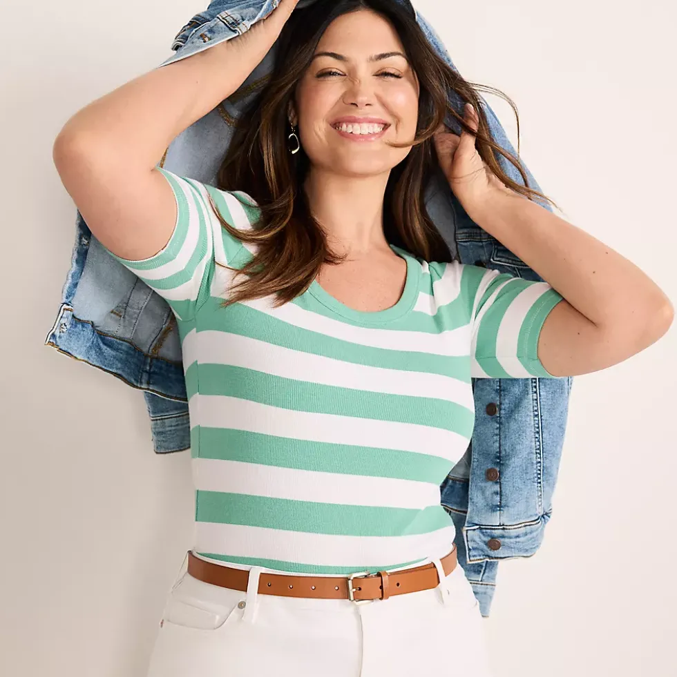 Women's Drapey Rib Fitted Elbow Sleeve Scoop Neck Tee