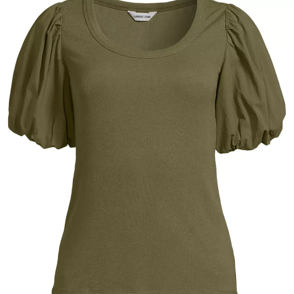 Women's Drapey Rib Puff Sleeve Scoop Neck Top