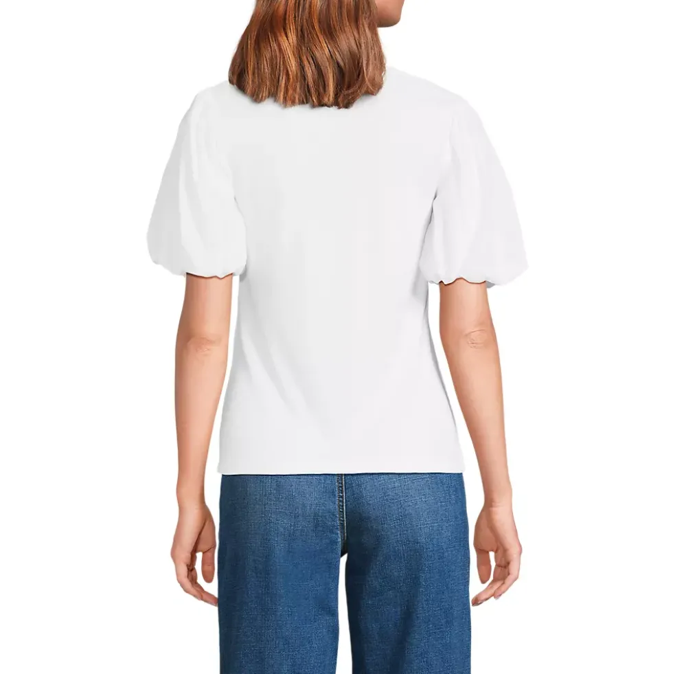 Women's Drapey Rib Puff Sleeve Scoop Neck Top