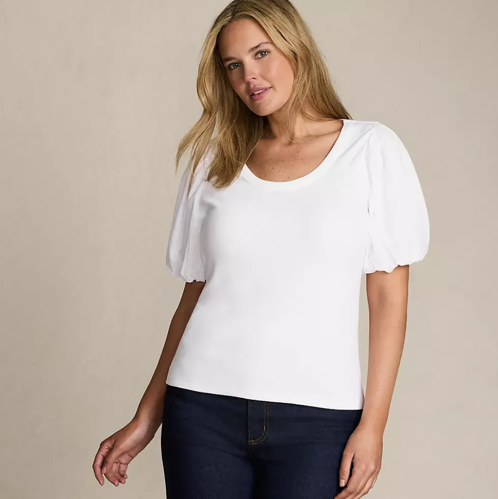 Women's Drapey Rib Puff Sleeve Scoop Neck Top