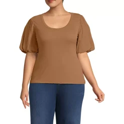 Women's Drapey Rib Puff Sleeve Scoop Neck Top
