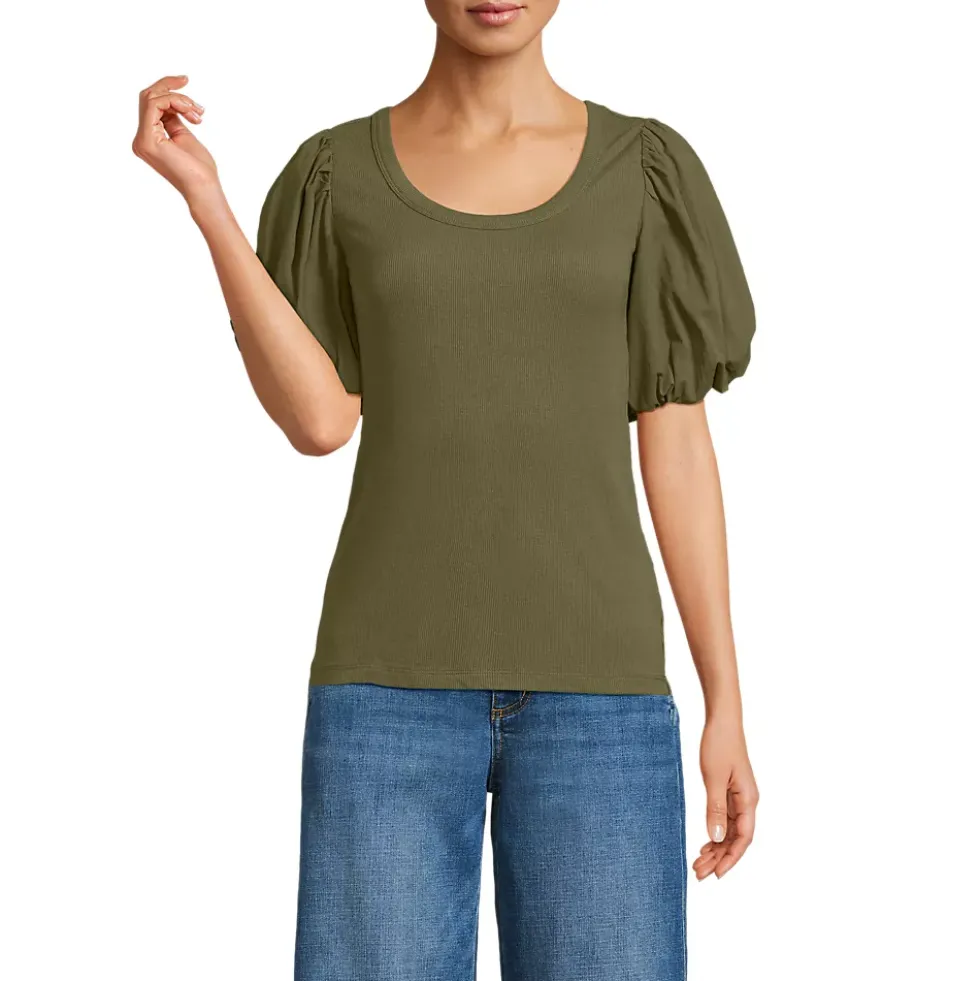 Women's Drapey Rib Puff Sleeve Scoop Neck Top