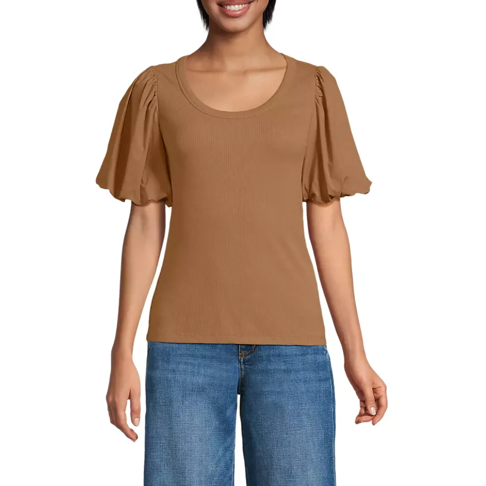 Women's Drapey Rib Puff Sleeve Scoop Neck Top