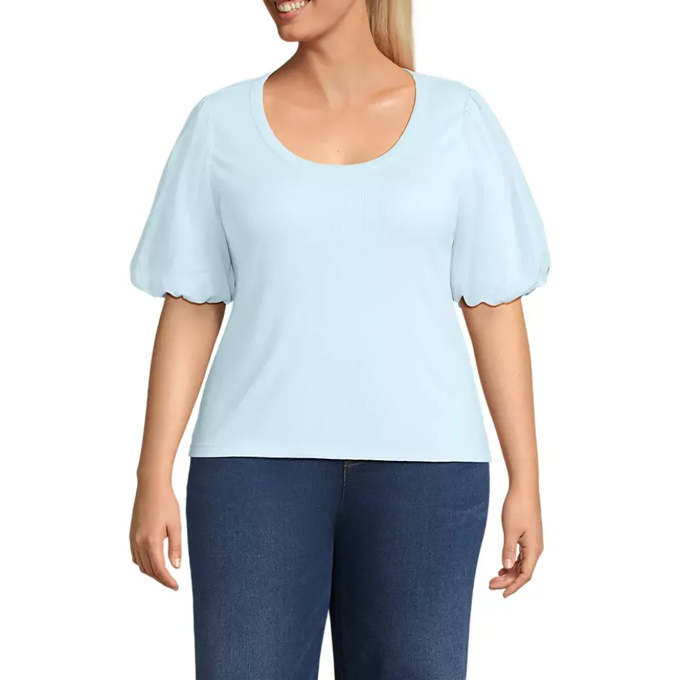 Women's Drapey Rib Puff Sleeve Scoop Neck Top