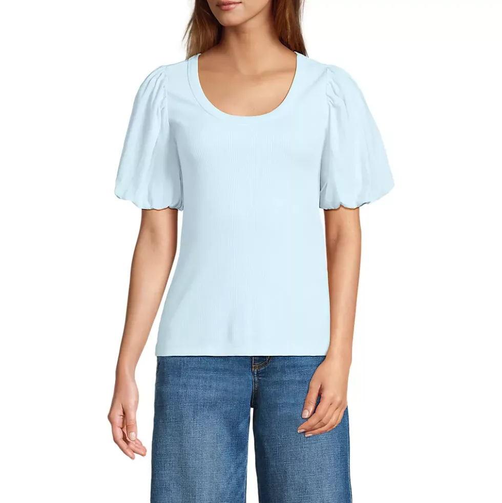 Women's Drapey Rib Puff Sleeve Scoop Neck Top