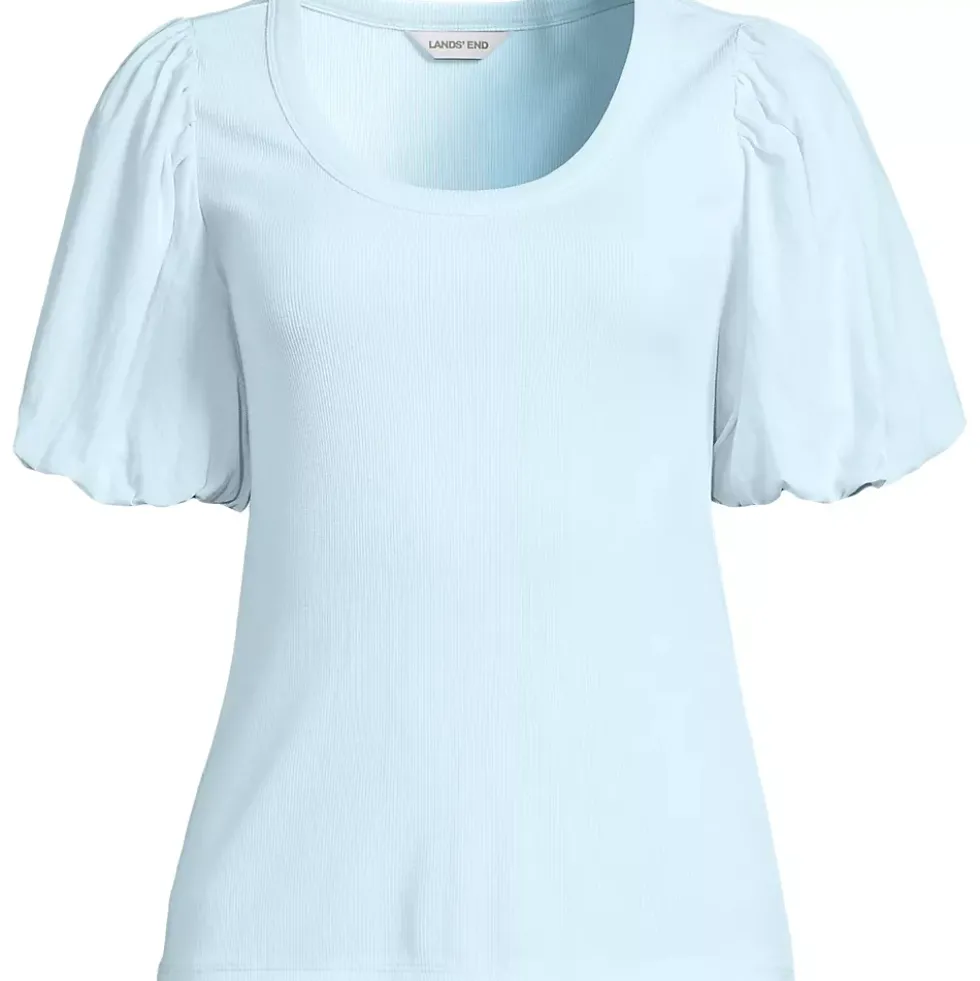 Women's Drapey Rib Puff Sleeve Scoop Neck Top