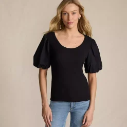 Women's Drapey Rib Puff Sleeve Scoop Neck Top