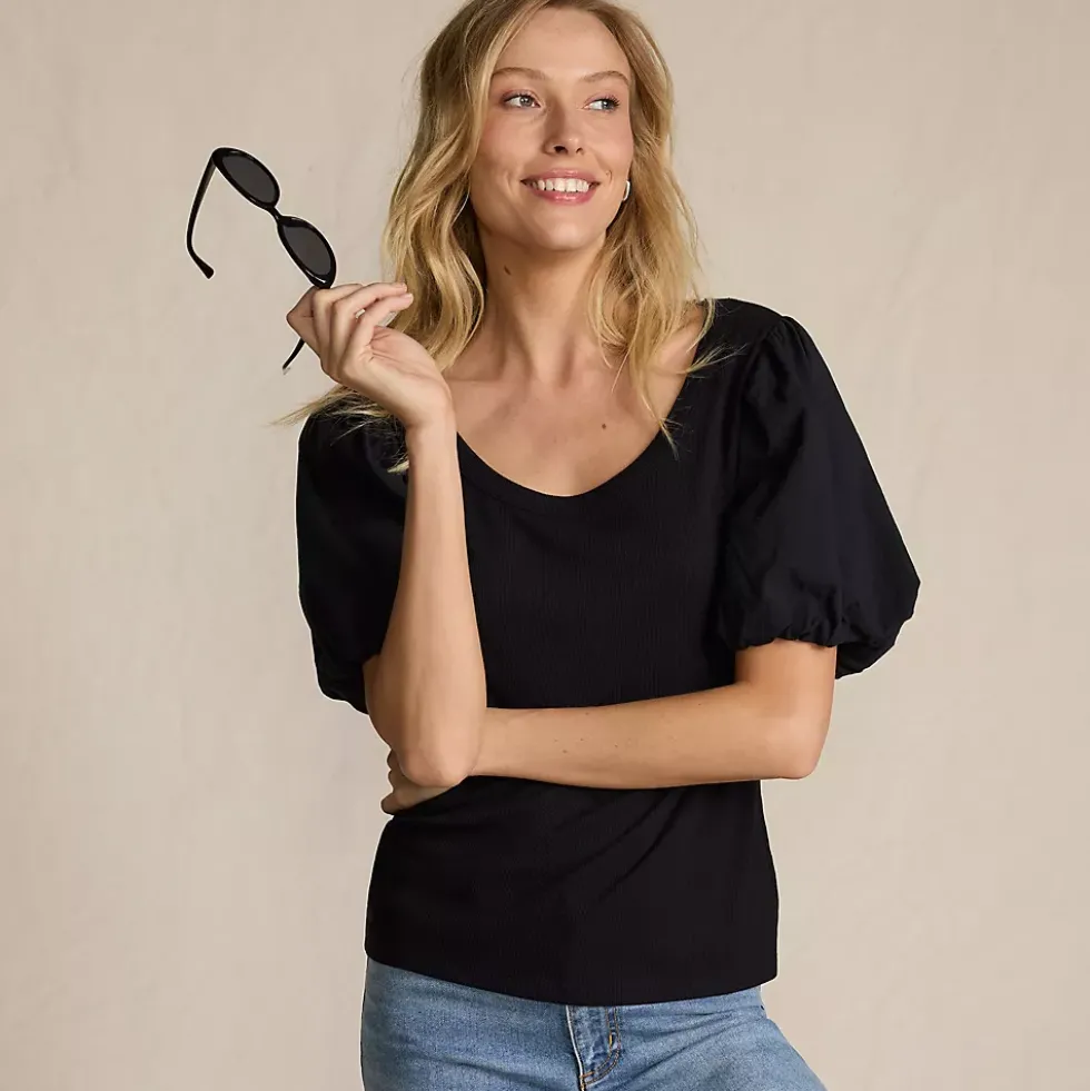 Women's Drapey Rib Puff Sleeve Scoop Neck Top