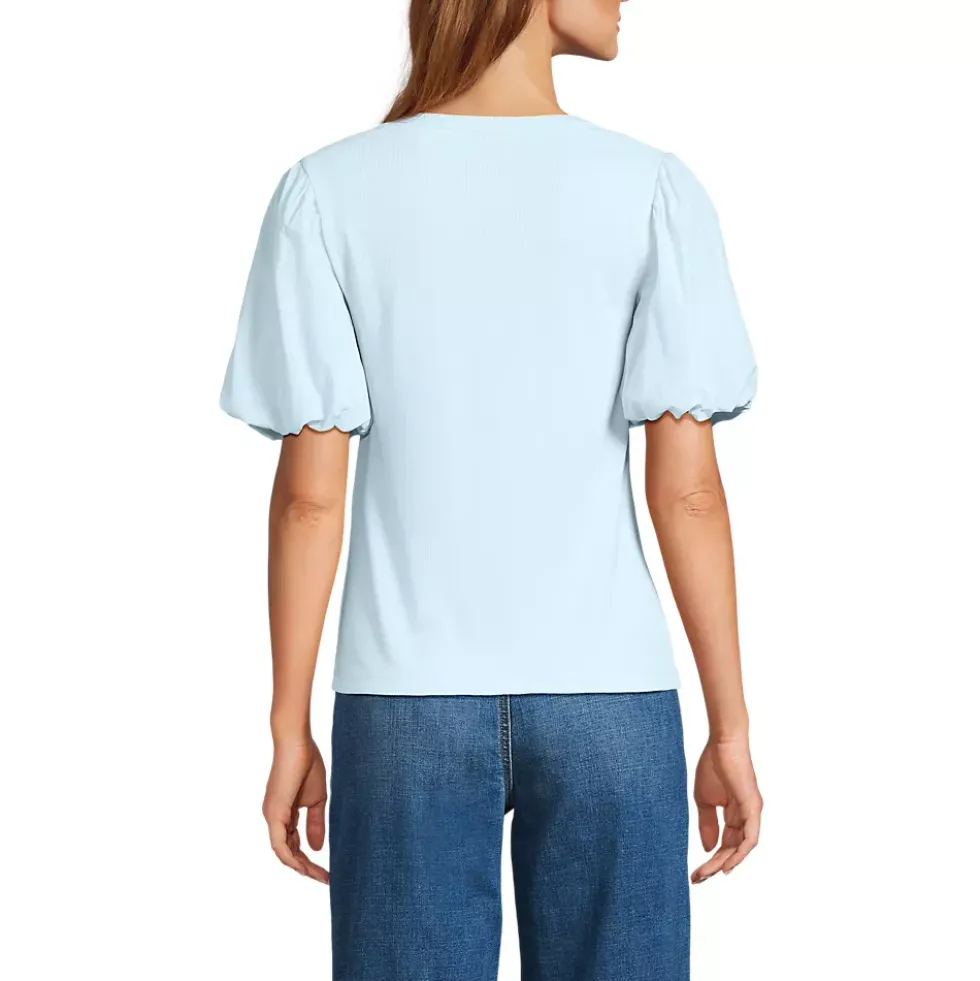 Women's Drapey Rib Puff Sleeve Scoop Neck Top