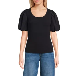 Women's Drapey Rib Puff Sleeve Scoop Neck Top