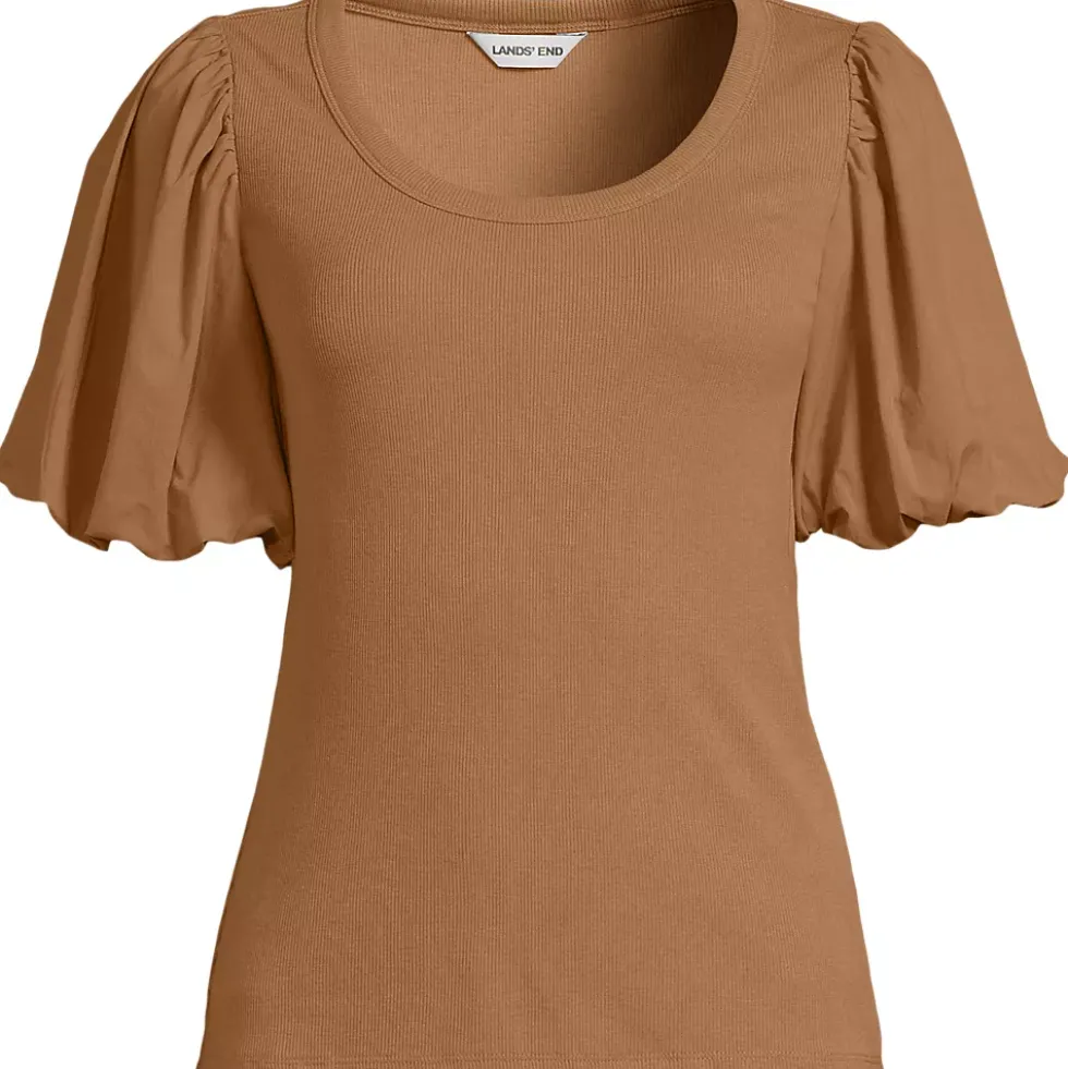 Women's Drapey Rib Puff Sleeve Scoop Neck Top