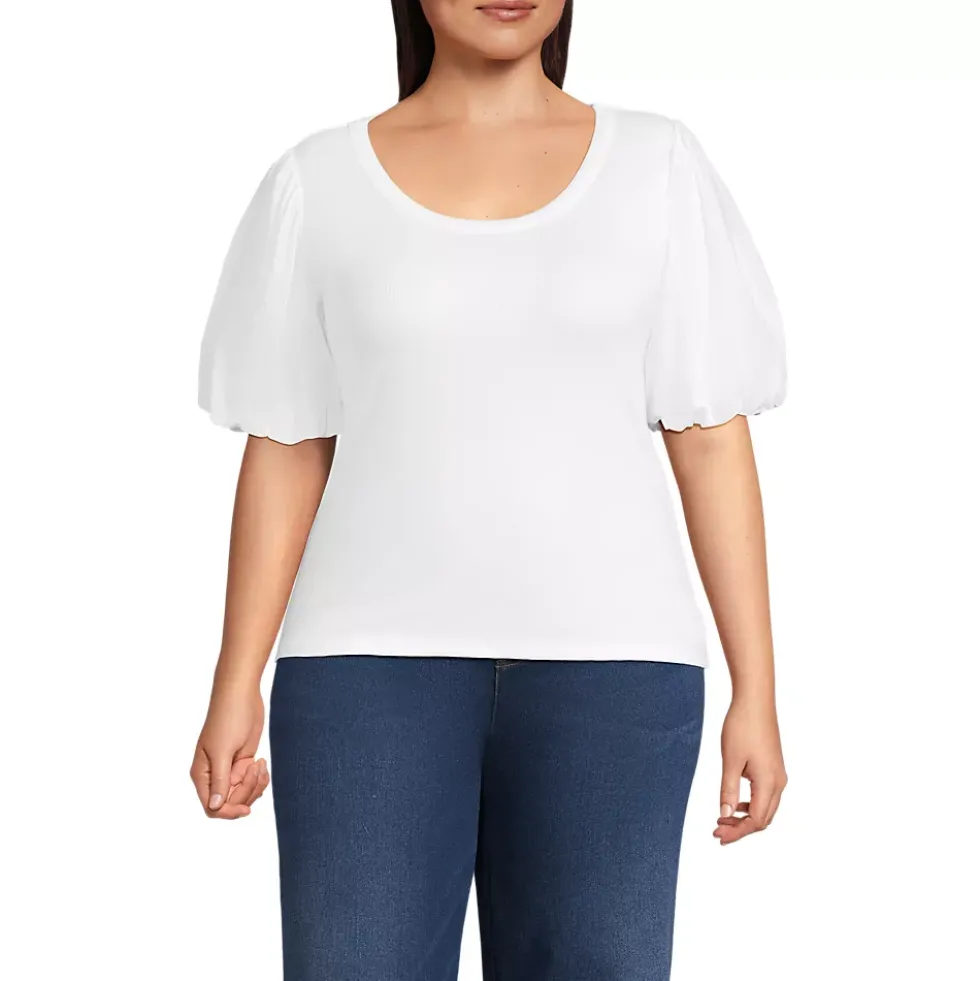 Women's Drapey Rib Puff Sleeve Scoop Neck Top