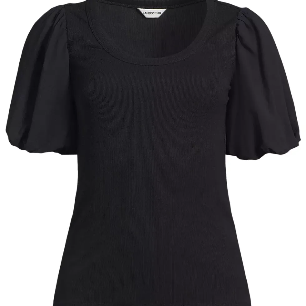 Women's Drapey Rib Puff Sleeve Scoop Neck Top