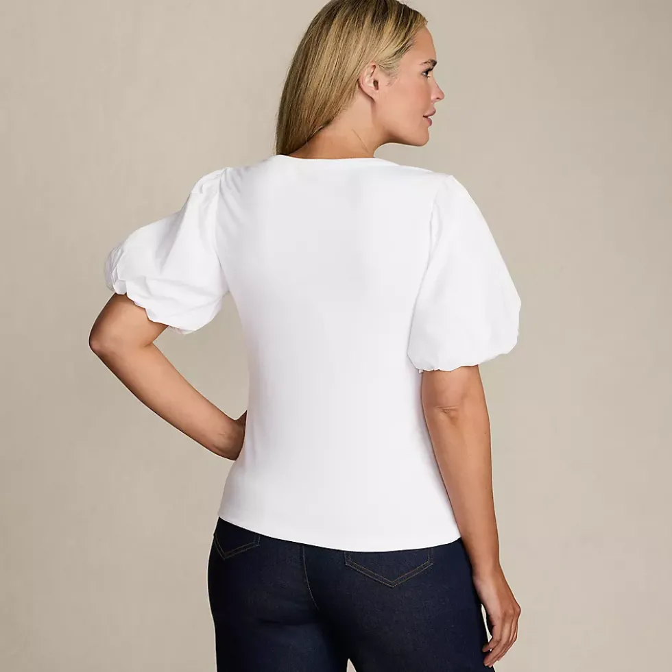 Women's Drapey Rib Puff Sleeve Scoop Neck Top