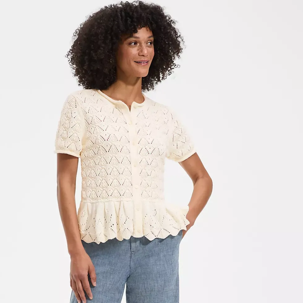 Women's Drifter Pointelle Ruffle Hem Cardigan Sweater