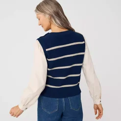 Women's Drifter Shaker Button Shoulder Sweater Vest with Poplin Sleeves