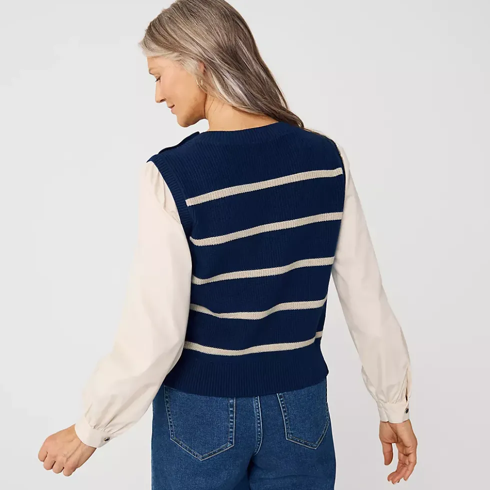 Women's Drifter Shaker Button Shoulder Sweater Vest with Poplin Sleeves