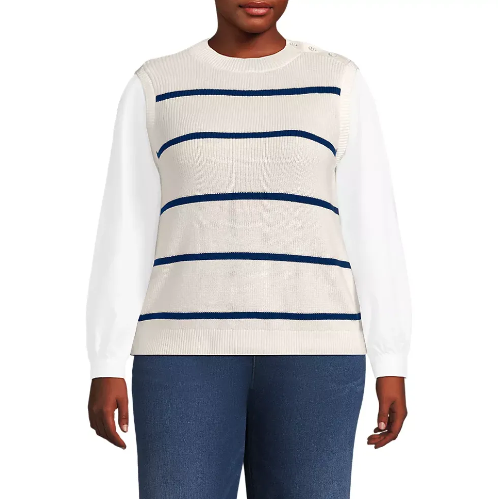 Women's Drifter Shaker Button Shoulder Sweater Vest with Poplin Sleeves