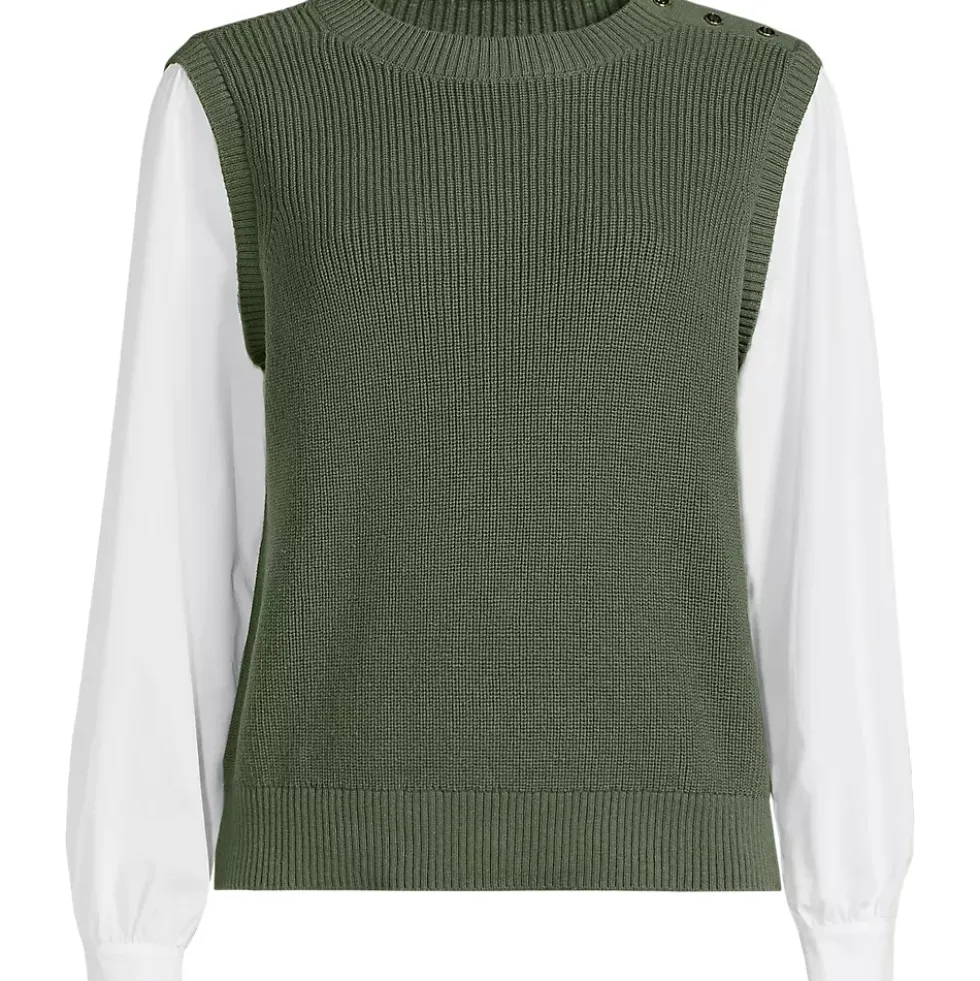 Women's Drifter Shaker Button Shoulder Sweater Vest with Poplin Sleeves