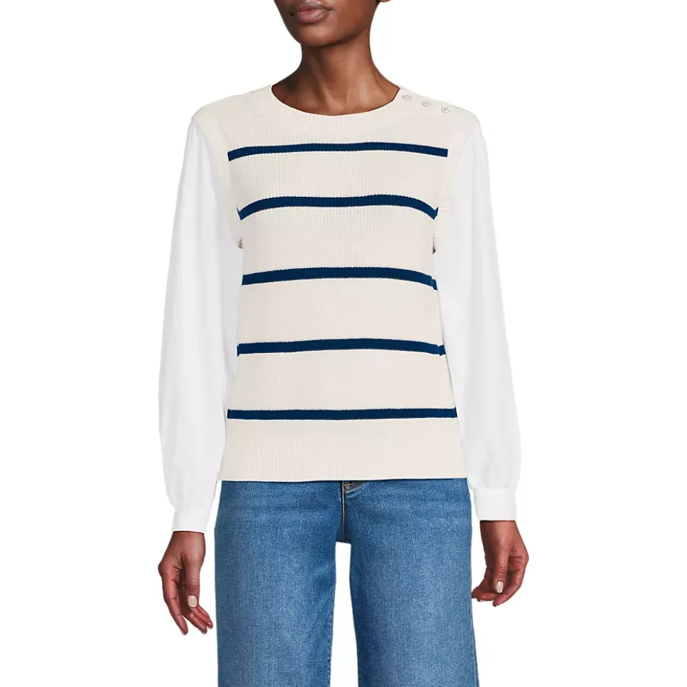 Women's Drifter Shaker Button Shoulder Sweater Vest with Poplin Sleeves