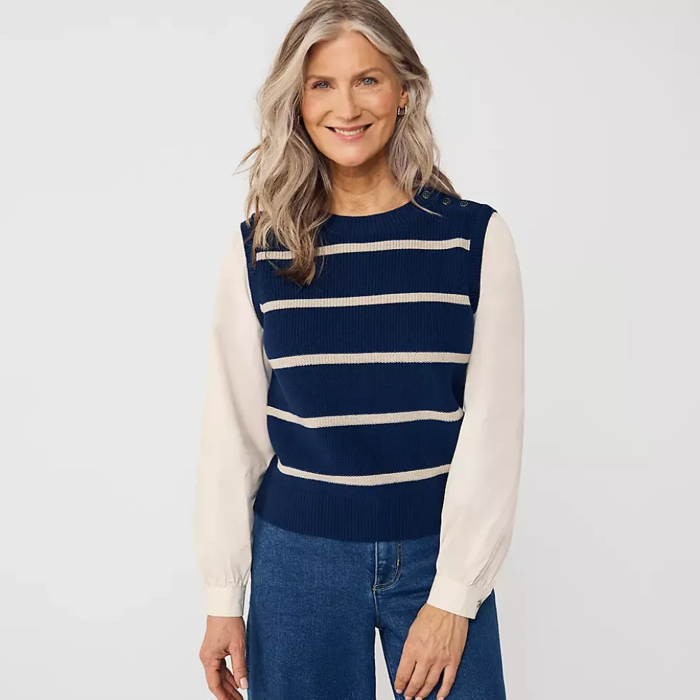 Women's Drifter Shaker Button Shoulder Sweater Vest with Poplin Sleeves