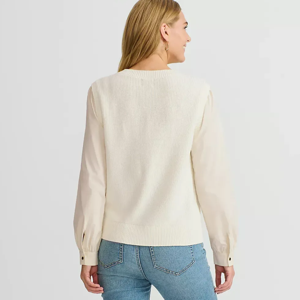 Women's Drifter Shaker Button Shoulder Sweater Vest with Poplin Sleeves