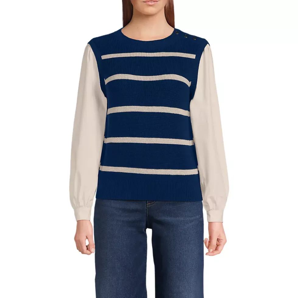 Women's Drifter Shaker Button Shoulder Sweater Vest with Poplin Sleeves