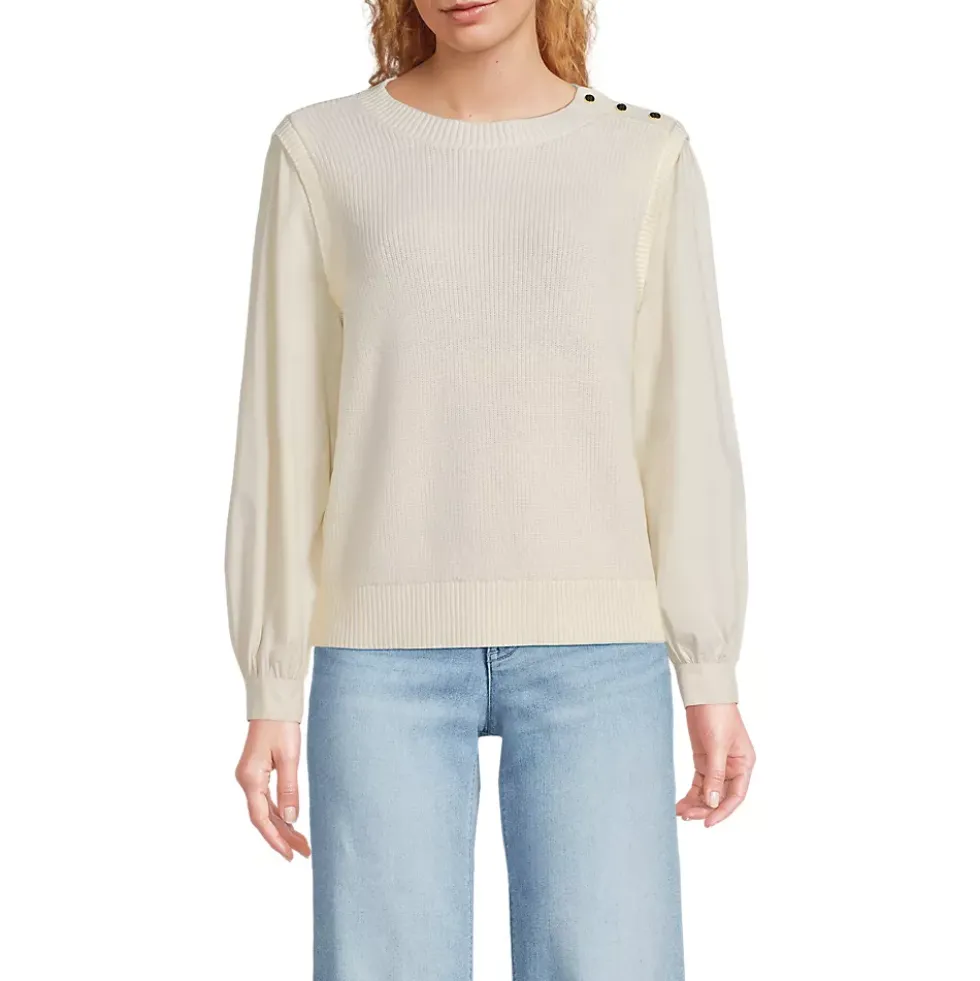 Women's Drifter Shaker Button Shoulder Sweater Vest with Poplin Sleeves