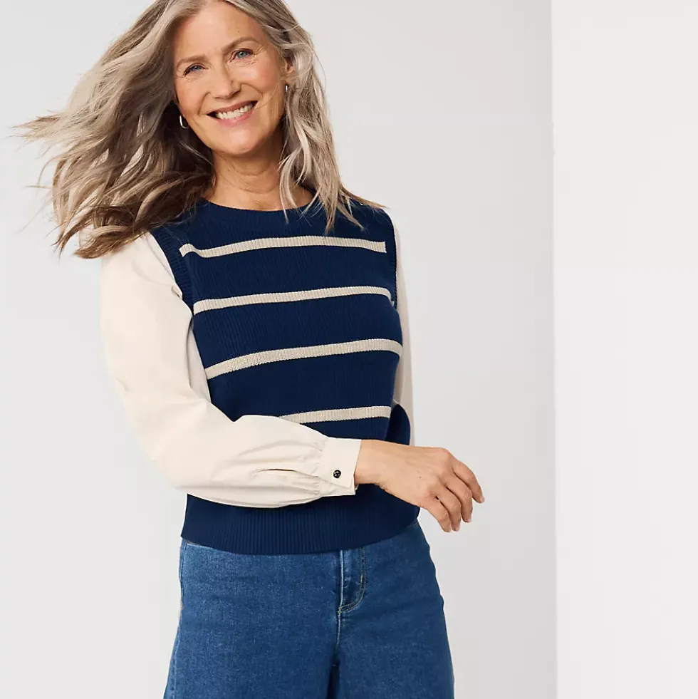 Women's Drifter Shaker Button Shoulder Sweater Vest with Poplin Sleeves