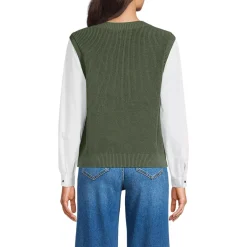 Women's Drifter Shaker Button Shoulder Sweater Vest with Poplin Sleeves