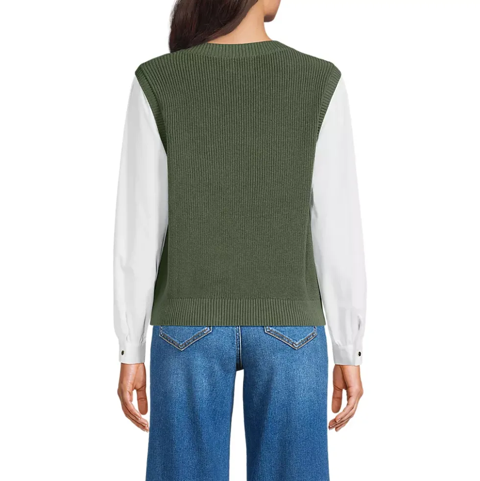 Women's Drifter Shaker Button Shoulder Sweater Vest with Poplin Sleeves