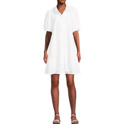 Women's Elbow Sleeve Eyelet Knee Length Shirt Dress