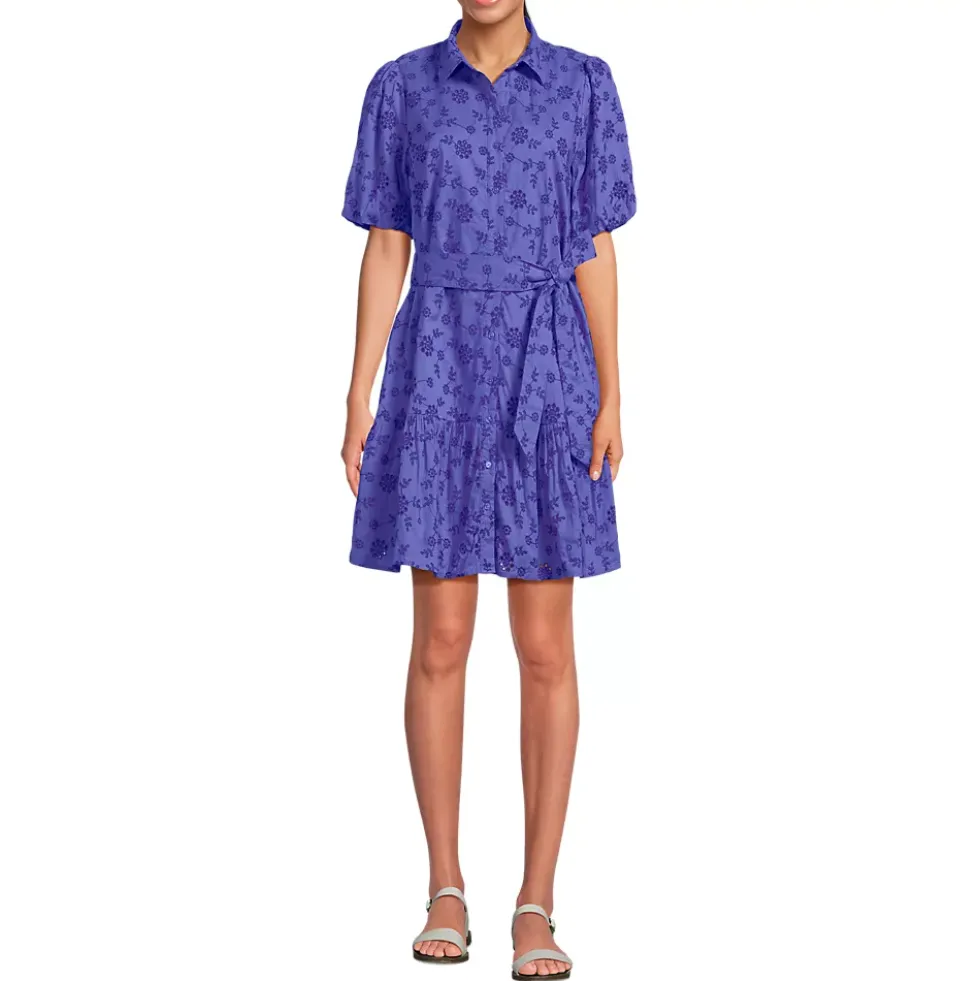 Women's Elbow Sleeve Eyelet Knee Length Shirt Dress