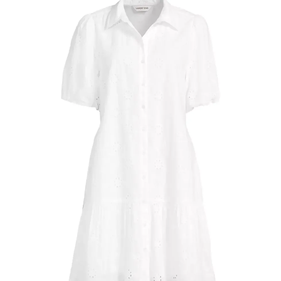 Women's Elbow Sleeve Eyelet Knee Length Shirt Dress