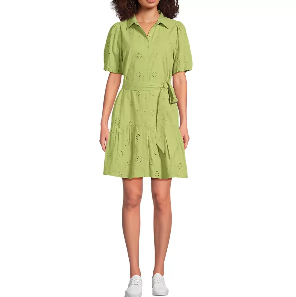 Women's Elbow Sleeve Eyelet Knee Length Shirt Dress