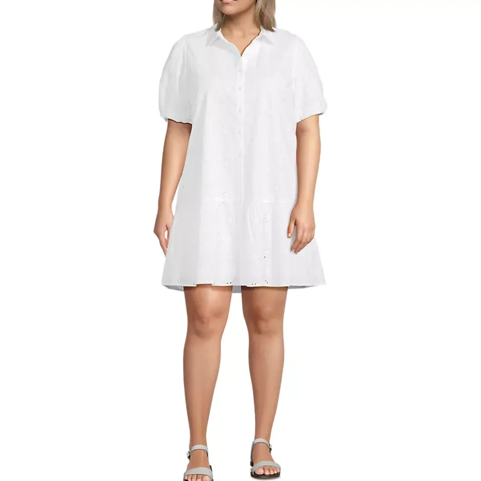 Women's Elbow Sleeve Eyelet Knee Length Shirt Dress