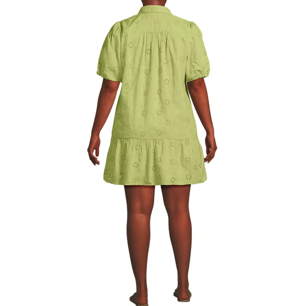 Women's Elbow Sleeve Eyelet Knee Length Shirt Dress