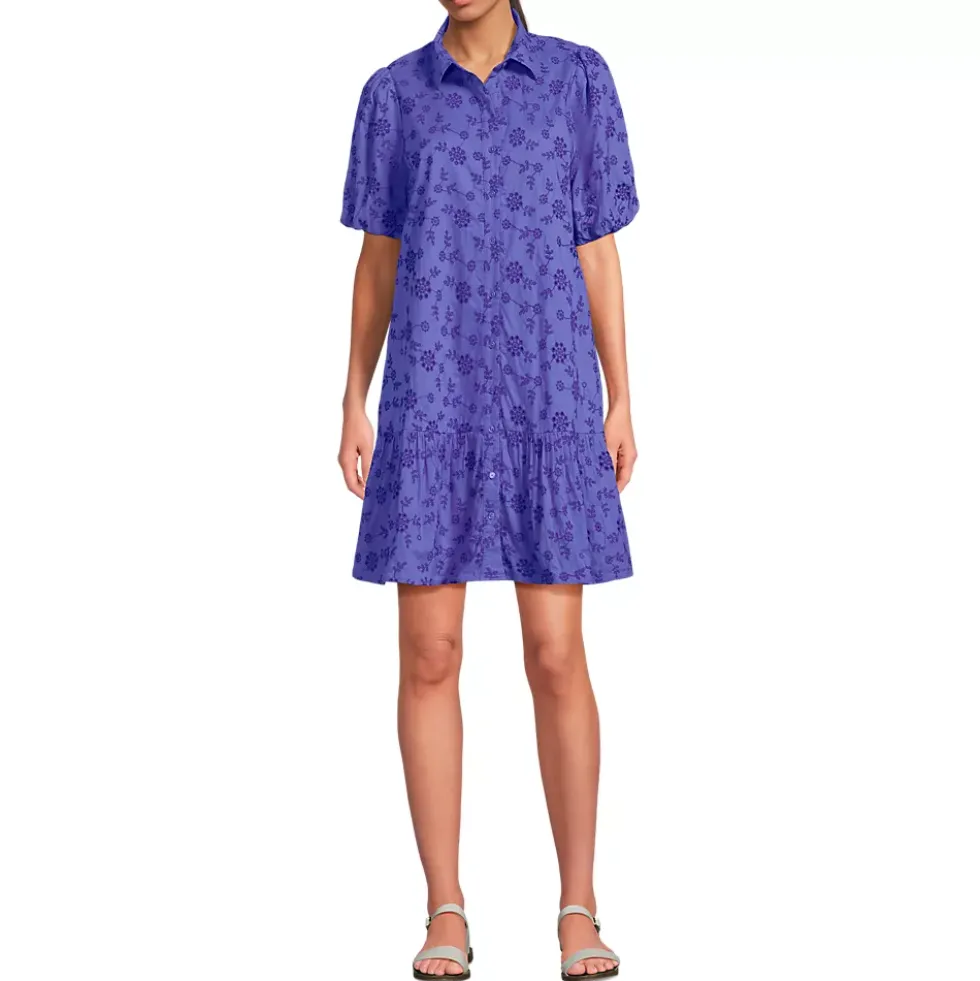 Women's Elbow Sleeve Eyelet Knee Length Shirt Dress