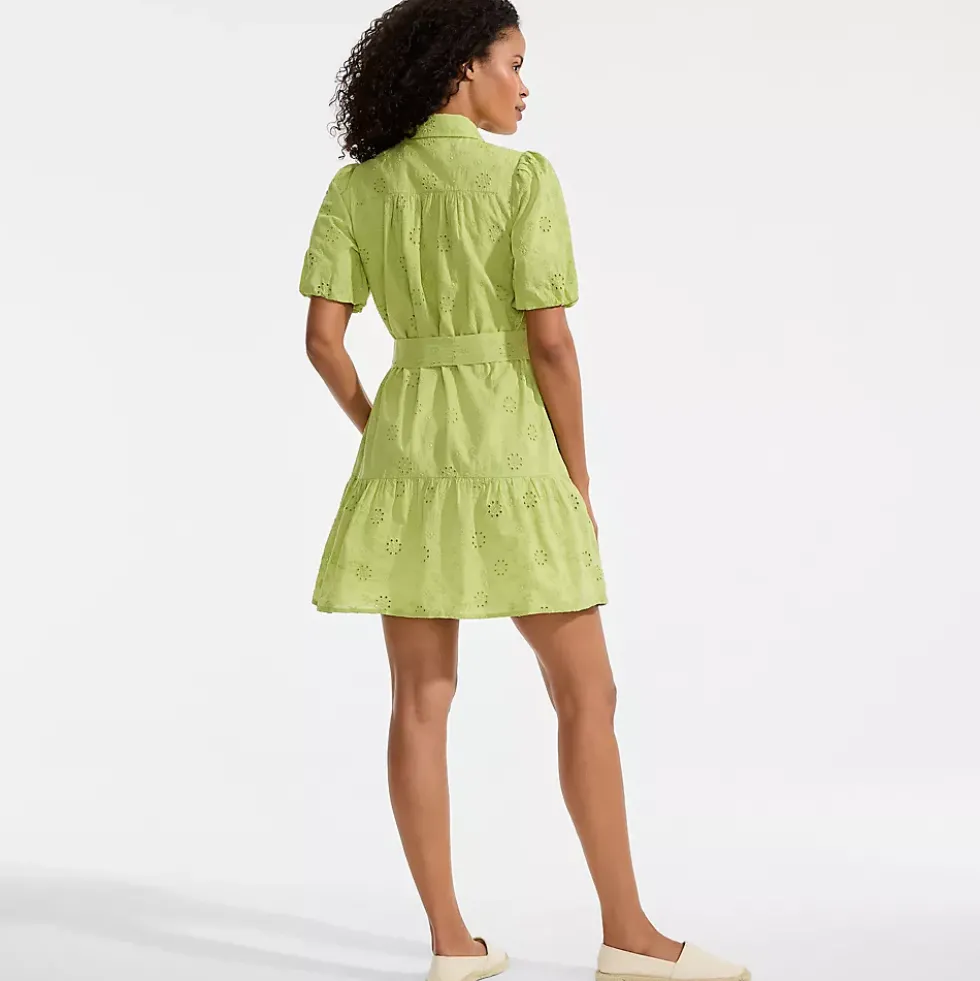 Women's Elbow Sleeve Eyelet Knee Length Shirt Dress