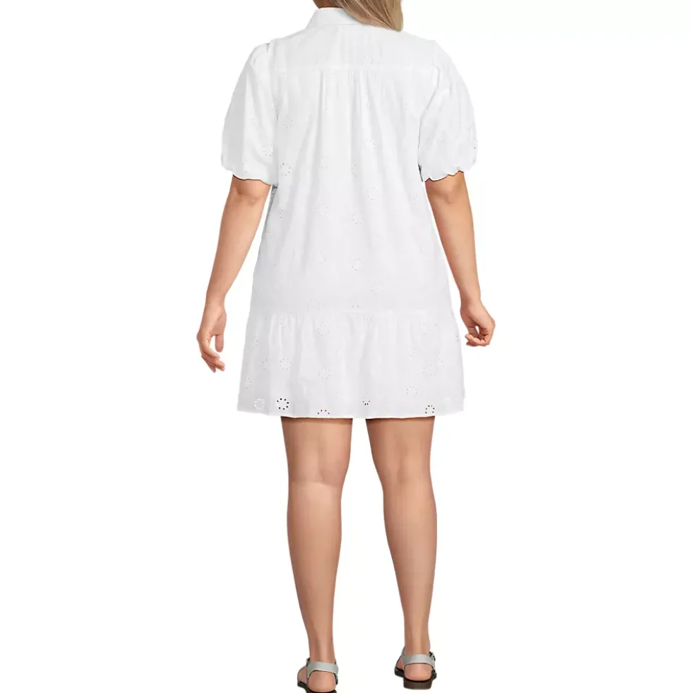 Women's Elbow Sleeve Eyelet Knee Length Shirt Dress